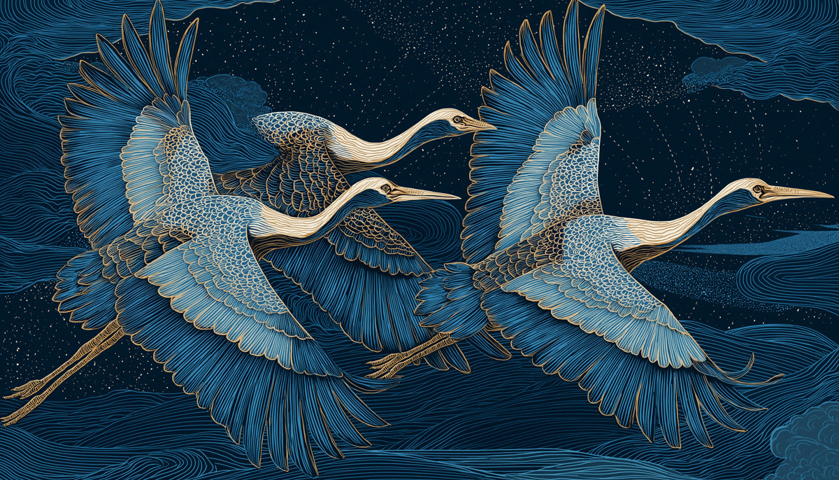 Carta da parati murale con gru volanti blu e oro | Notte capricciosa