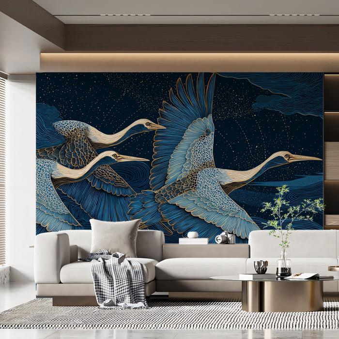 Carta da parati murale con gru volanti blu e oro | Notte capricciosa