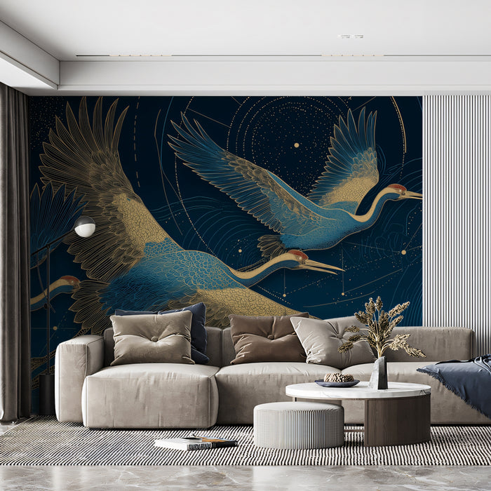 Elegant Cranes Under Moonlight Mural Wallpaper | Tranquil Scene