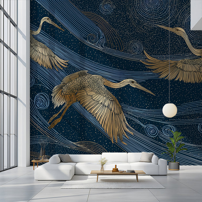 Ethereal Cranes & Swirls Mural Wallpaper | Dreamy Night Sky