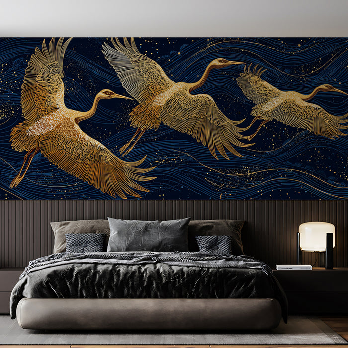 Gilded Cranes & Clouds Mural Wallpaper | Luxurious Serenity