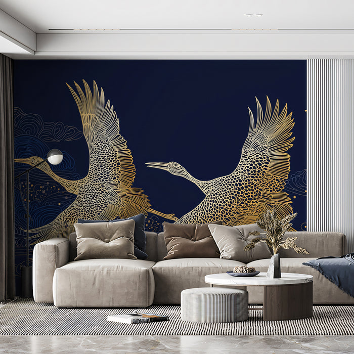 Golden Cranes & Clouds Mural Wallpaper | Classic Asian Art