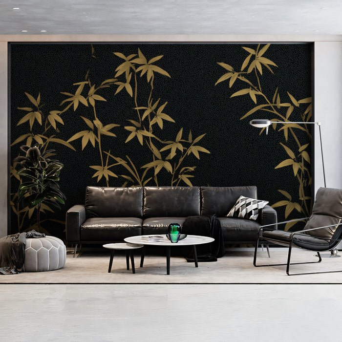 Elegant Golden Bamboo Mural Wallpaper | Dark Botanical Pattern