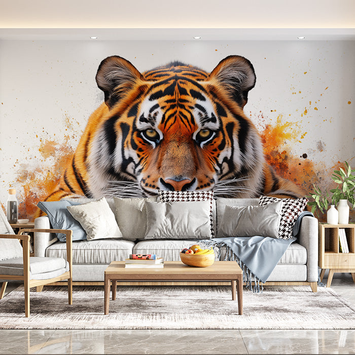 Tiger Head Mural Wallpaper in Living Room | Orange, Black, and White Tiger -1