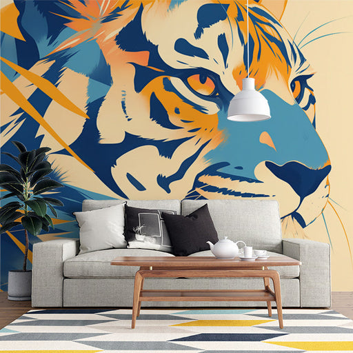 Abstract Tiger Mural Wallpaper in Living Room | Orange, Blue, and Yellow Tiger