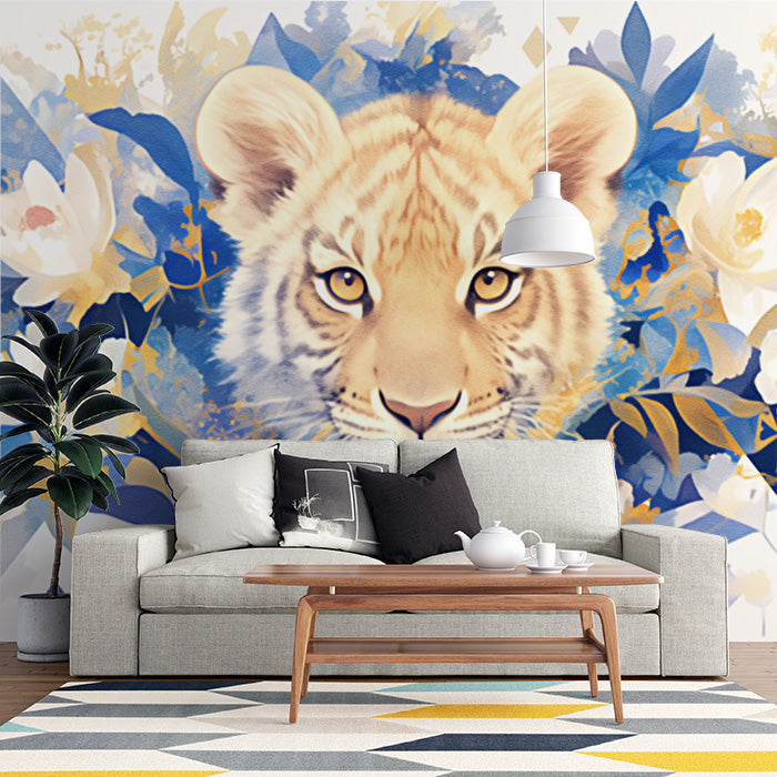 Abstract Tiger Mural Wallpaper in Living Room | Orange, Blue, and Yellow Tiger -1