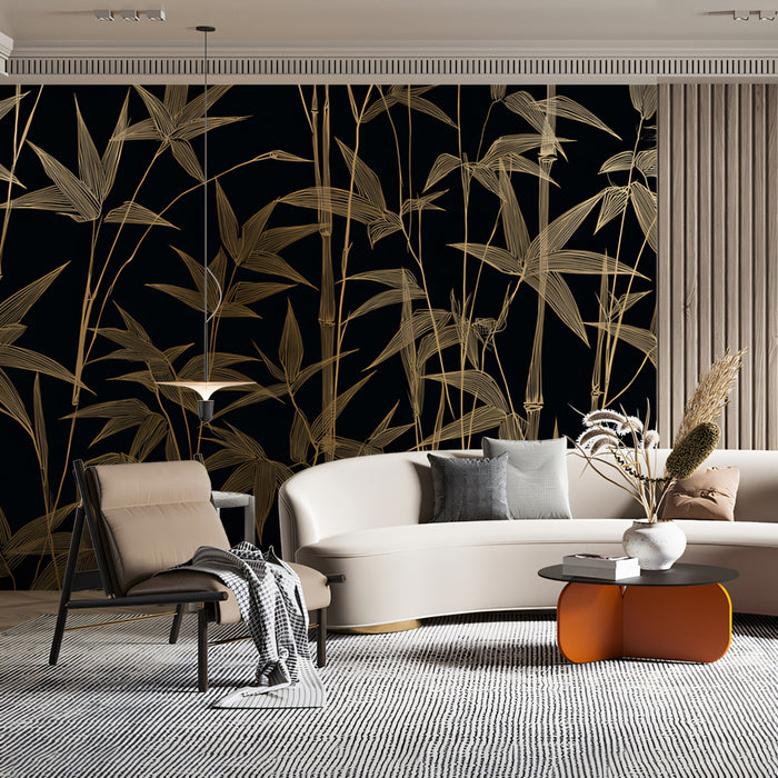 Luxurious Golden Bamboo on Charcoal Mural Wallpaper | Sophisticated Asian Design