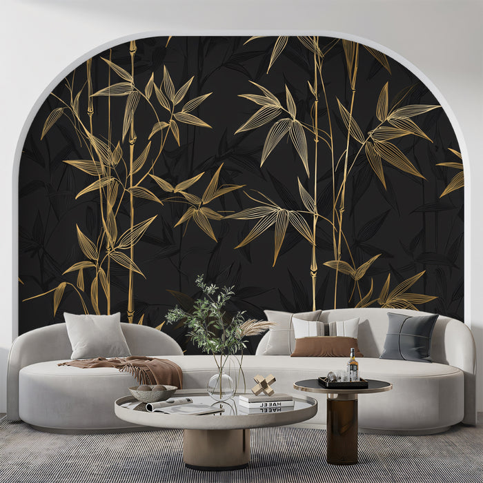 Flowing Golden Bamboo on Dark Gray Mural Wallpaper | Serene Botanical Art