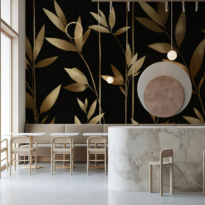 Golden Bamboo on Black Mural Wallpaper | Modern Botanical Art