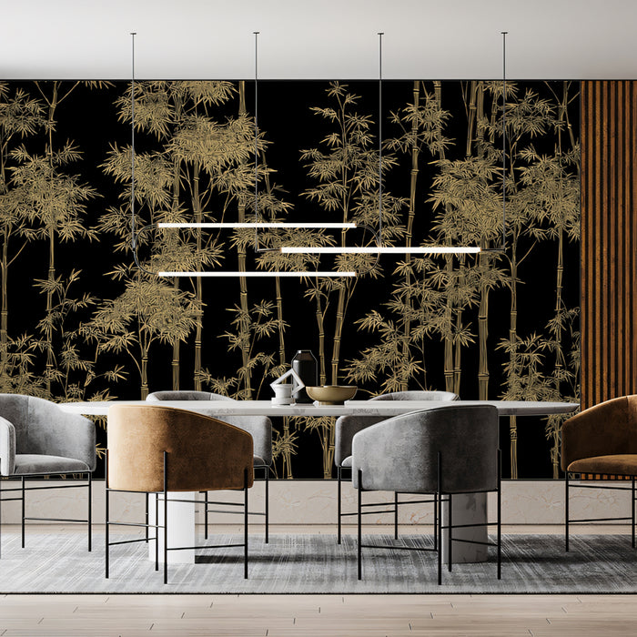 Forest of Golden Bamboo Mural Wallpaper | Dark Botanical Art