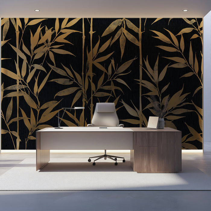 Luxurious Golden Bamboo on Black Mural Wallpaper | Modern Asian Art