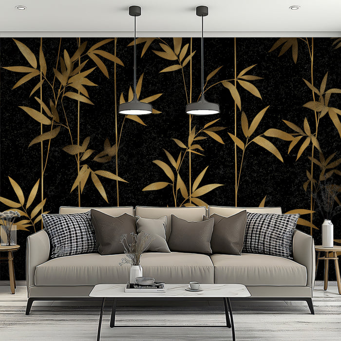 Flowing Golden Bamboo on Black Mural Wallpaper | Serene Botanical Art