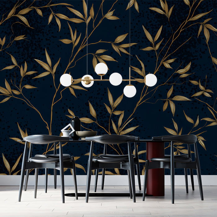 Golden Bamboo on Midnight Blue Mural Wallpaper | Elegant Asian Inspired