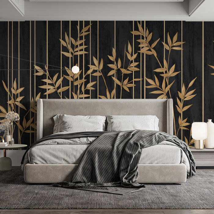Gold Bamboo & Vertical Lines Mural Wallpaper | Modern Asian Design