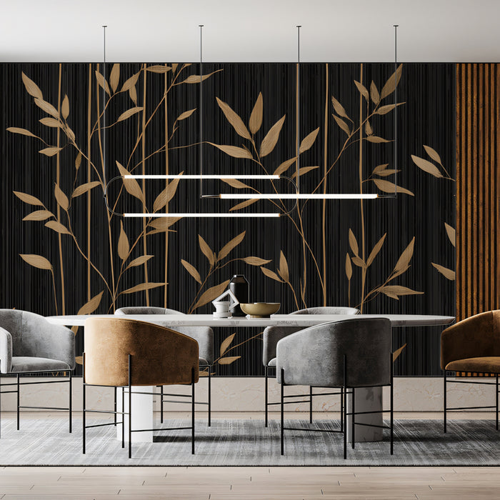 Flowing Gold Bamboo on Black Mural Wallpaper | Serene Botanical Art