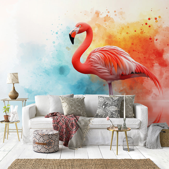 Flamingo Mural Wallpaper in Living Room | Pink, Orange, Blue, and White Flamingo