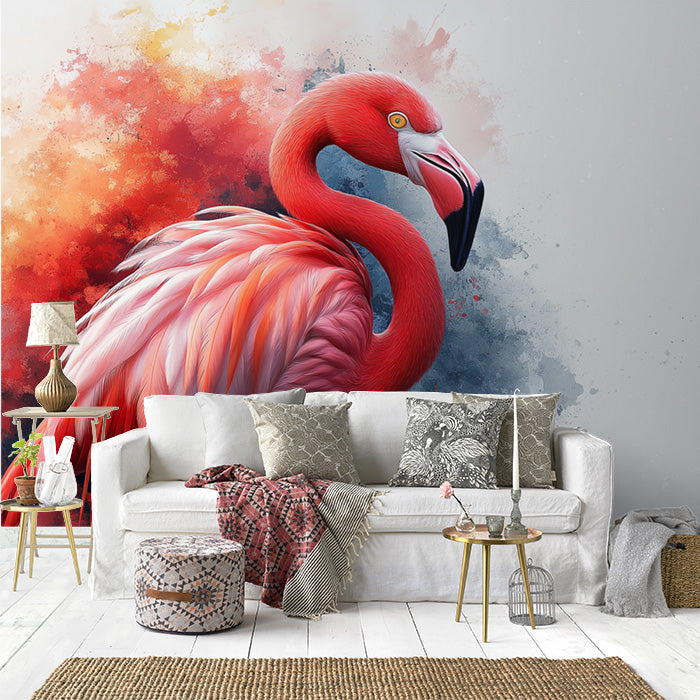 Flamingo Mural Wallpaper in Living Room | Pink, Orange, Blue, and White Flamingo -1