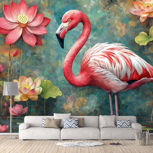 Flamingo Mural Wallpaper in Living Room | Pink, Orange, Blue, and White Flamingo -3