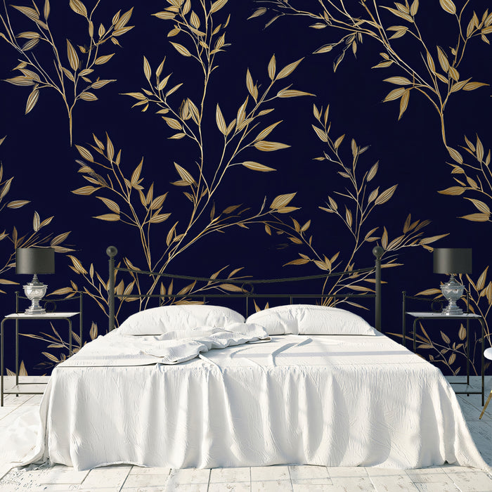 Golden Twig & Leaf Mural Wallpaper | Elegant Asian Inspired