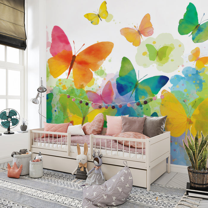 Vibrant Butterfly Meadow Mural Wallpaper | Colorful Watercolor Art