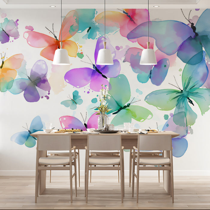 Rainbow Butterfly Swarm Mural Wallpaper | Colorful Watercolor Art