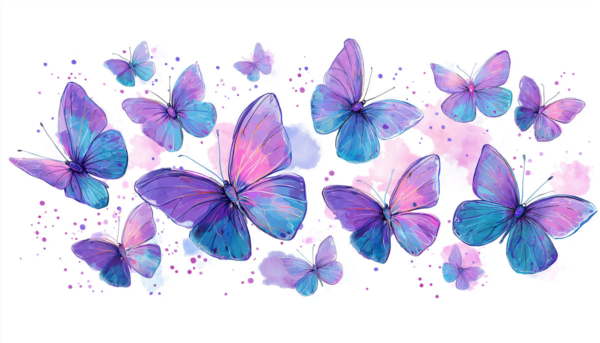 Purple & Blue Butterfly Swarm Mural Wallpaper | Luminous Watercolor Art
