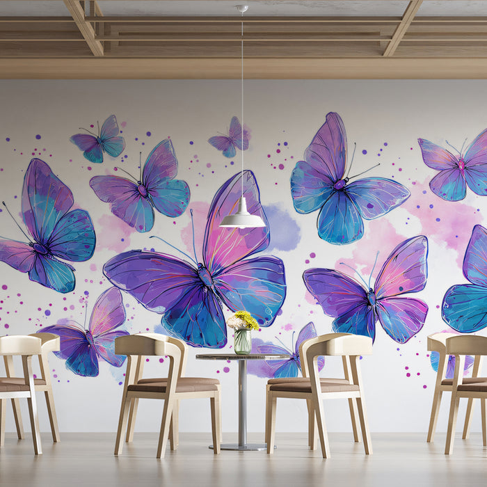 Purple & Blue Butterfly Swarm Mural Wallpaper | Luminous Watercolor Art