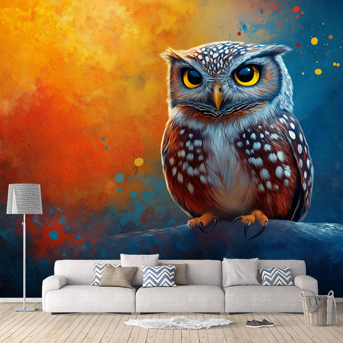 Owl Mural Wallpaper in Living Room | Brown, Blue, Orange, and Yellow Owl