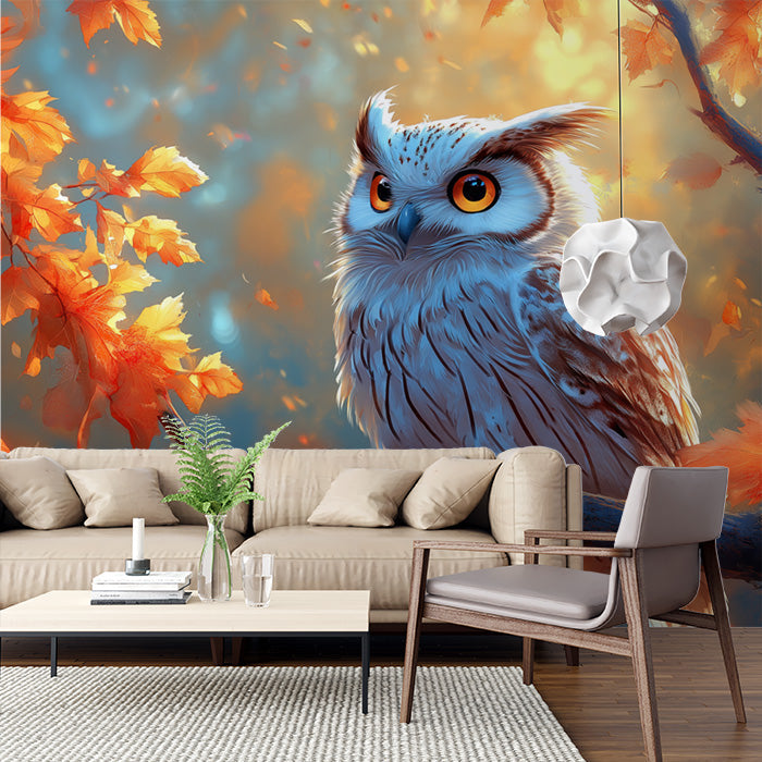Owl Mural Wallpaper in Living Room | Brown, Blue, Orange, and Yellow Owl -1
