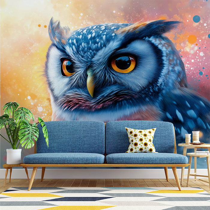 Owl Mural Wallpaper in Living Room | Brown, Blue, Orange, and Yellow Owl -2