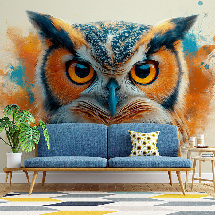 Owl Mural Wallpaper in Living Room | Brown, Blue, Orange, and Yellow Owl -3