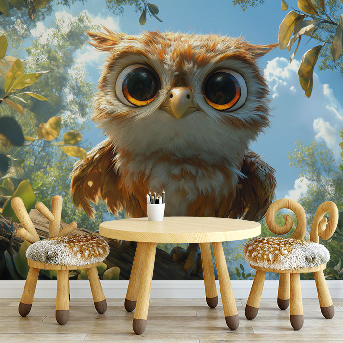 Owl Mural Wallpaper in Living Room | Brown, Blue, Orange, and Yellow Owl -4