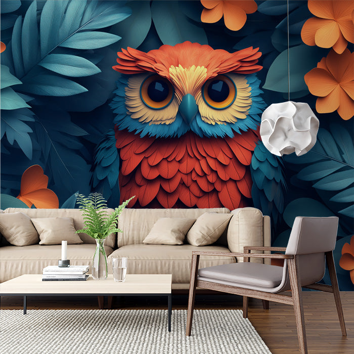 Owl Mural Wallpaper in Living Room | Brown, Blue, Orange, and Yellow Owl -5