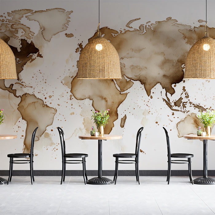 Coffee Stain World Map Mural Wallpaper | Warm Toned Abstract