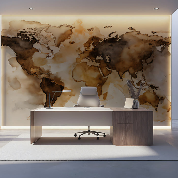Watercolor World Map Mural Wallpaper | Soft Sepia Tones