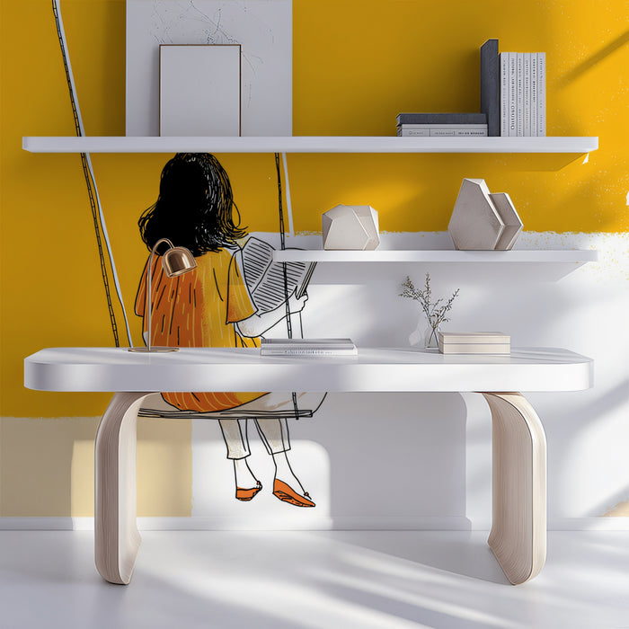 Reading on a Swing Mural Wallpaper | Cheerful Modern Art