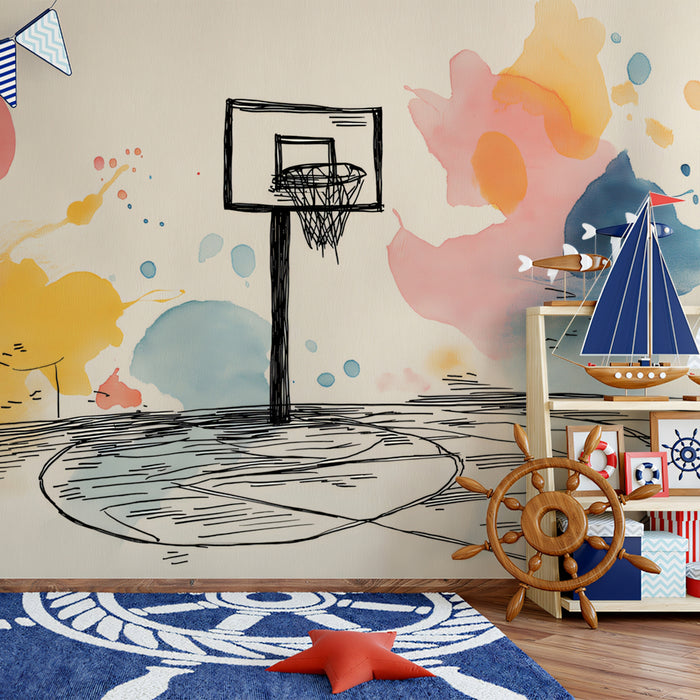 Watercolor Basketball Hoop Mural Wallpaper | Playful Urban Art