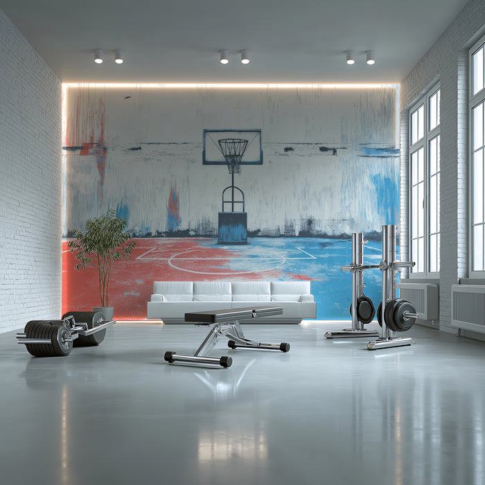 Urban Basketball Court Mural Wallpaper | Abstract Red & Blue