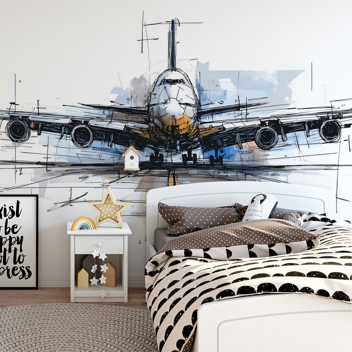 Sketchy Airplane Mural Wallpaper | Dynamic Line Art