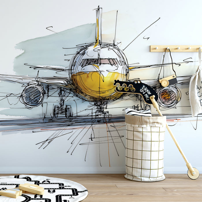 Watercolor Airplane Mural Wallpaper | Abstract Aviation Art