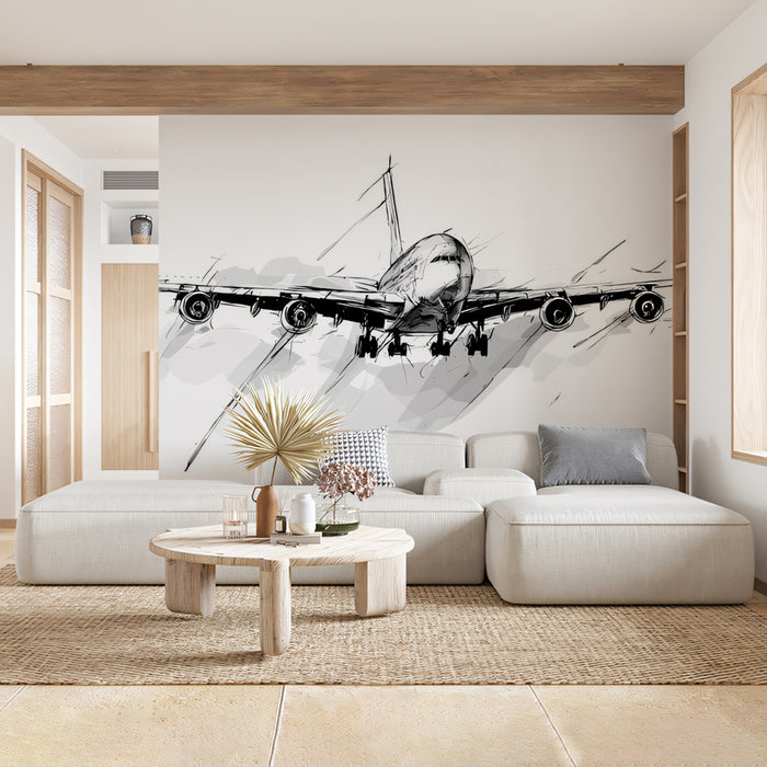 Sketchy Airplane Mural Wallpaper | Bold Black & White Art