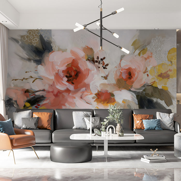 Abstract Artistic Floral Mural Wallpaper | Soft Pink, Gold & Gray Impressionistic Bouquet