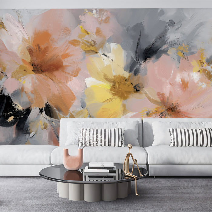 Modern Abstract Floral Mural Wallpaper | Blurry Peach, Gold & Charcoal Gray
