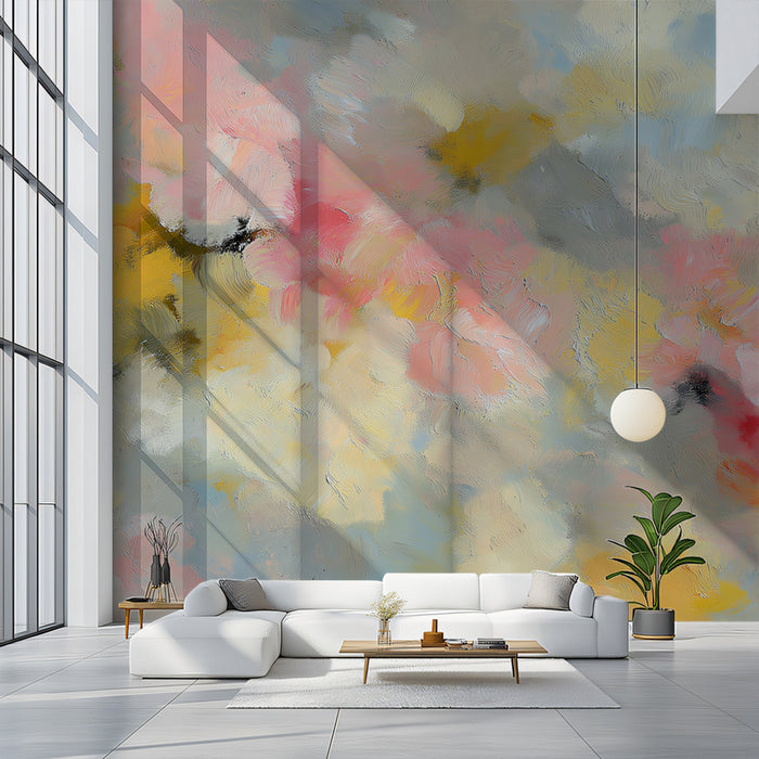 Dreamy Cloud Floral Mural Wallpaper | Romantic Pink, Yellow & Blue Abstract Art