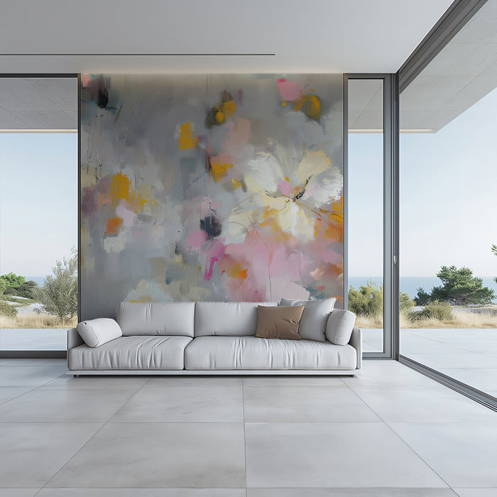 Modern Abstract Floral Mural Wallpaper | Artistic Gray Base with Pink & Yellow Splashes