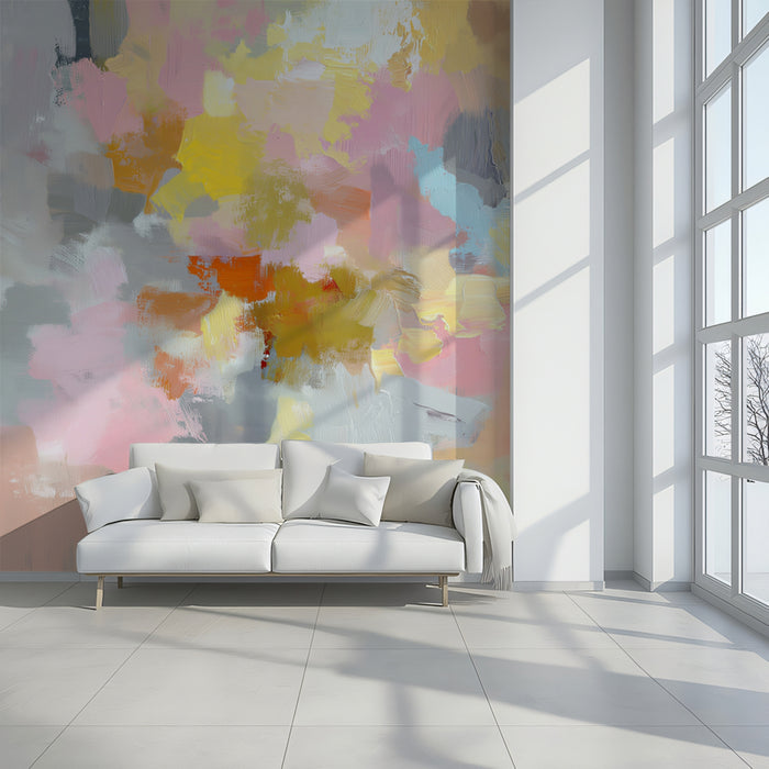 Abstract Color Block Mural Wallpaper | Impressionistic Art in Pink, Yellow & Gray