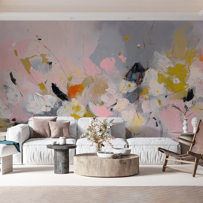 Abstract Expressive Floral Mural Wallpaper | Dynamic Art in Pink, Yellow & Charcoal