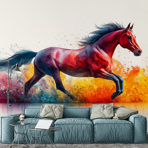 Red Horse Mural Wallpaper in Living Room | Red, Blue, Orange, and Various Colors of Horse