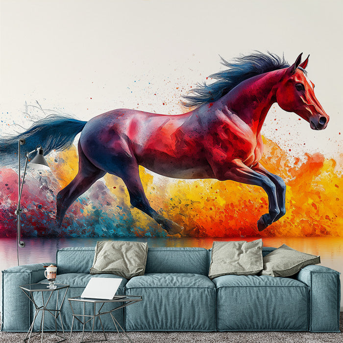 Red Horse Mural Wallpaper in Living Room | Red, Blue, Orange, and Various Colors of Horse