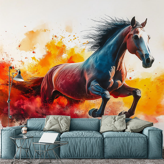 Red Horse Mural Wallpaper in Living Room | Red, Blue, Orange, and Various Colors of Horse -1